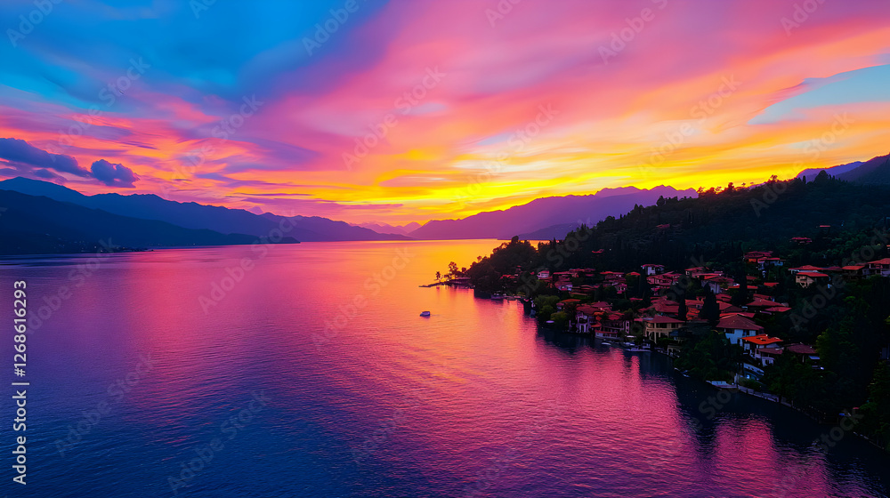 Obraz premium Vibrant Sunset over a Calm Lake and Mountains