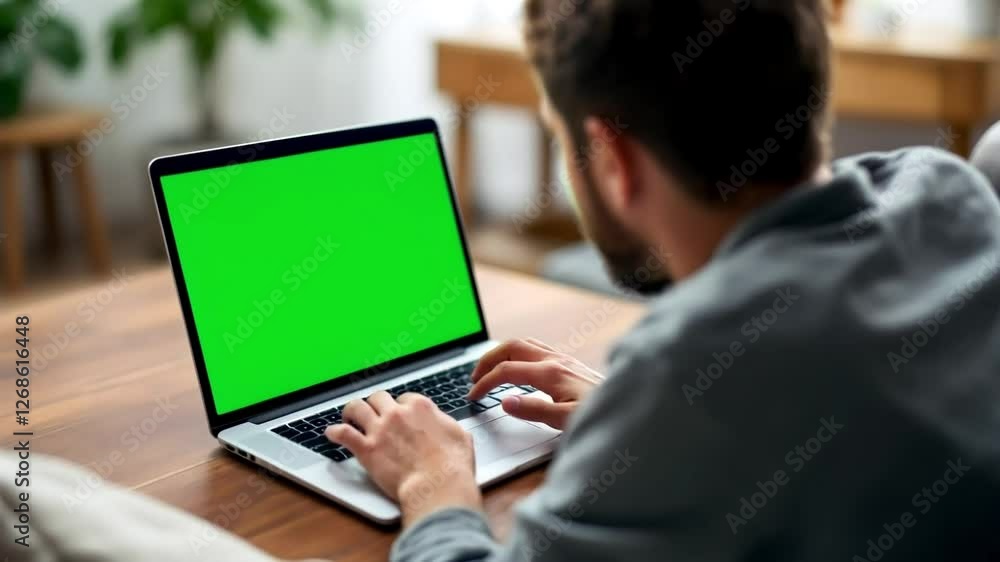 A man sits at a wooden table, focused on a laptop computer with a large, vibrant green screen. A man sits at a wooden table, focused on a laptop computer with a large, vibrant green screen.