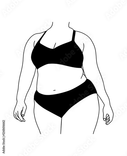 Line art vector illustration of curvy woman in underwear. Plus size girl in bikini Body positive abstract minimalist drawing for wall art, poster, card, logo. Isolated on transparent background.