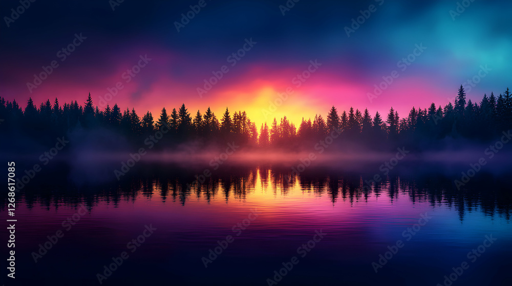 Fototapeta premium Vibrant Sunset over a Misty Lake and Silhouetted Forest