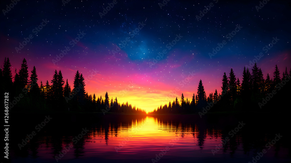 Fototapeta premium Vibrant Sunset Over a Tranquil Lake with Silhouetted Trees