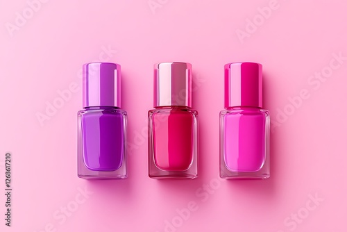 Three bottles of nail polish in shades of violet, magenta, and pink on a pink background.