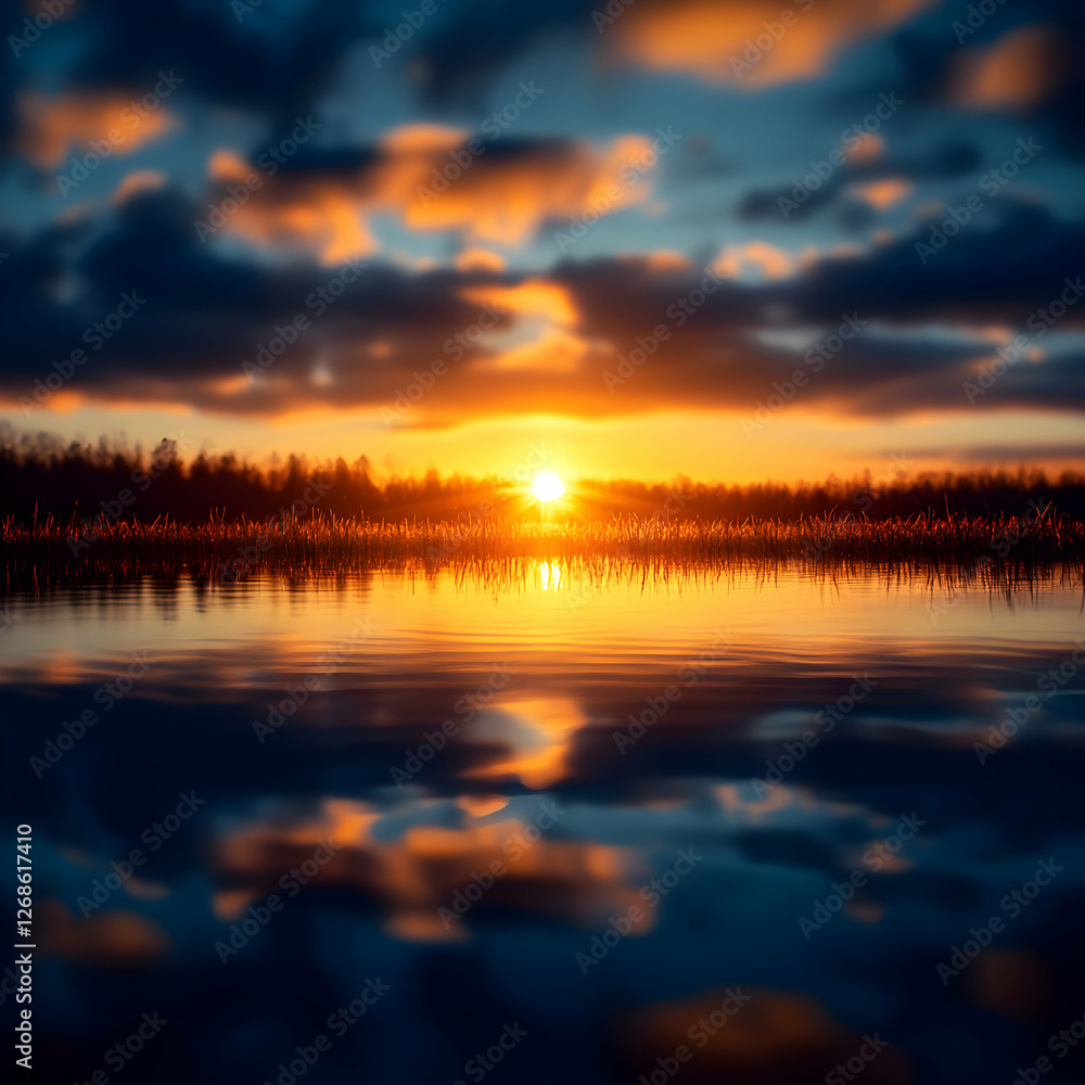 Naklejka premium Vibrant Sunset Over Calm Lake Reflection
