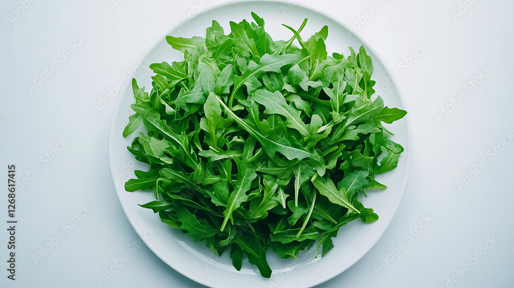 A pile of bright green arugula leaves arranged neatly A pile of bright green arugula leaves arranged neatly