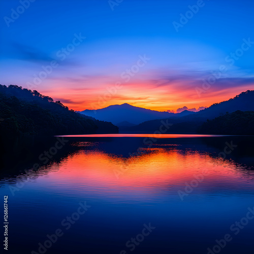 Wallpaper Mural Vibrant Sunset Over Calm Lake With Mountain Reflections Torontodigital.ca