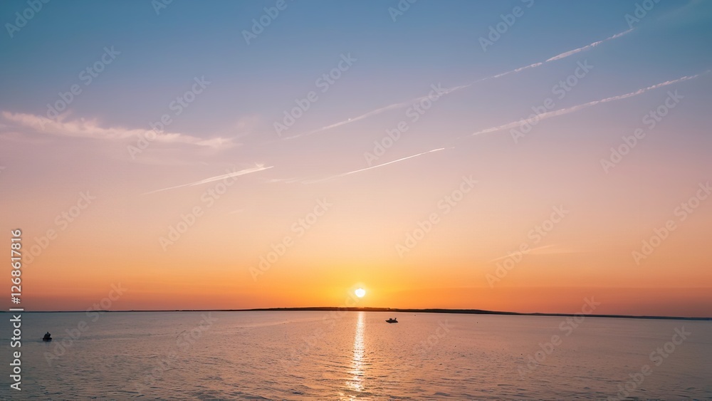 the sun sets over a body of water on a clear day and boats floating in the water the sun sets over a body of water on a clear day and boats floating in the water