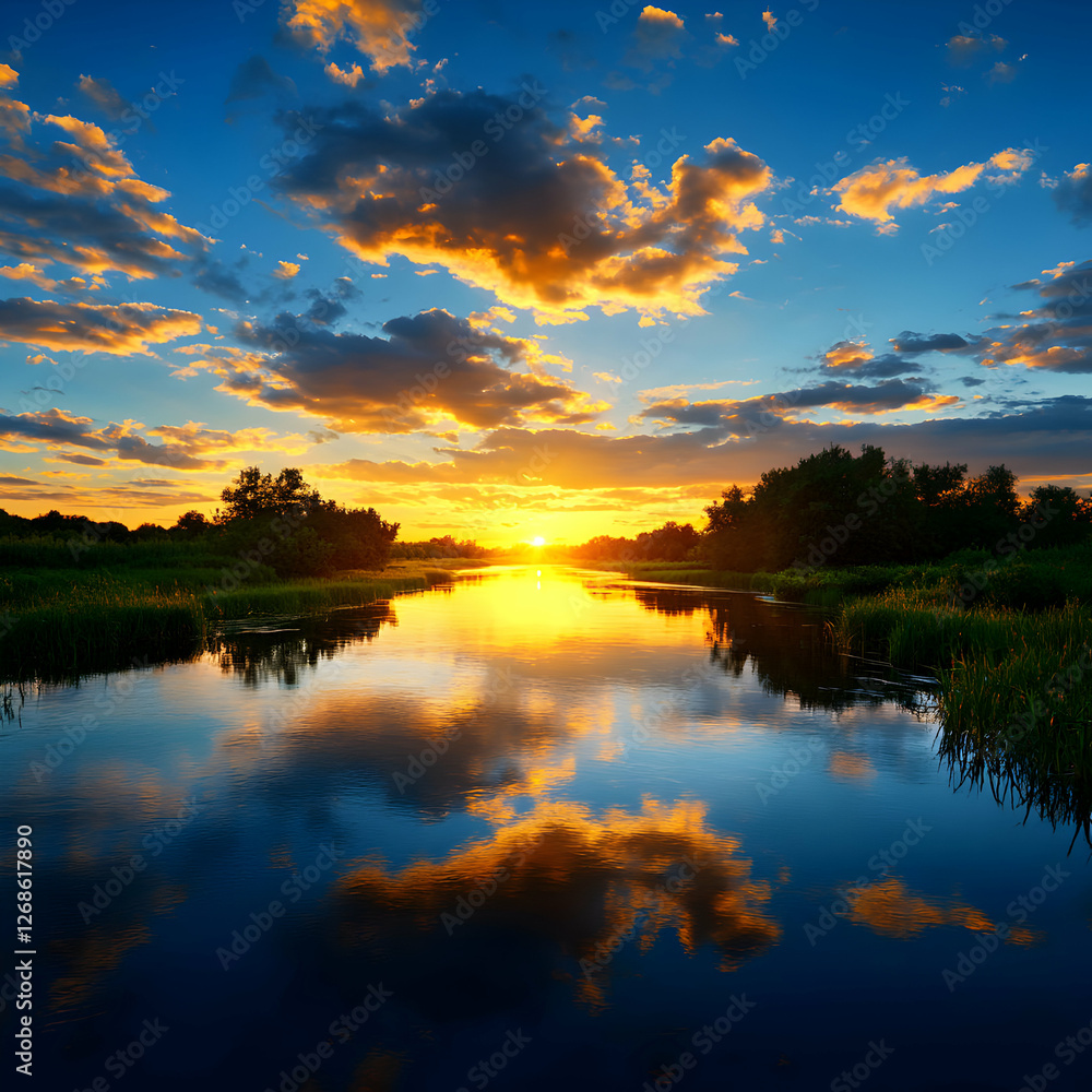 Vibrant Sunset Over Calm River Reflection Vibrant Sunset Over Calm River Reflection