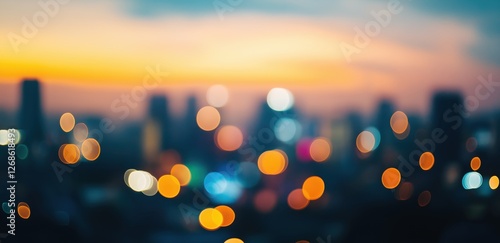 Out-of-focus city skyline at twilight, glowing bokeh lights in warm and cool colors