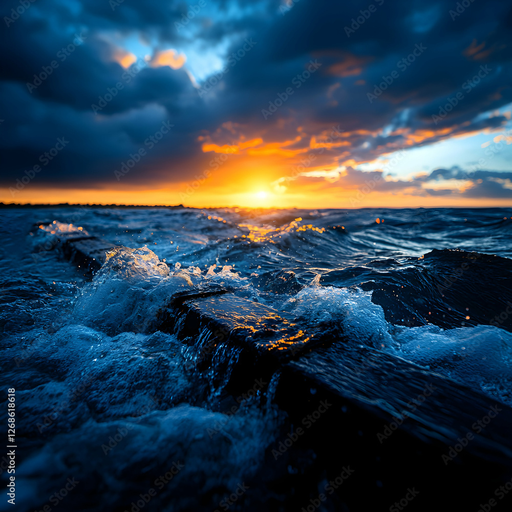 Obraz premium Vibrant Sunset Over Dark Ocean Waves Crashing on Rocks