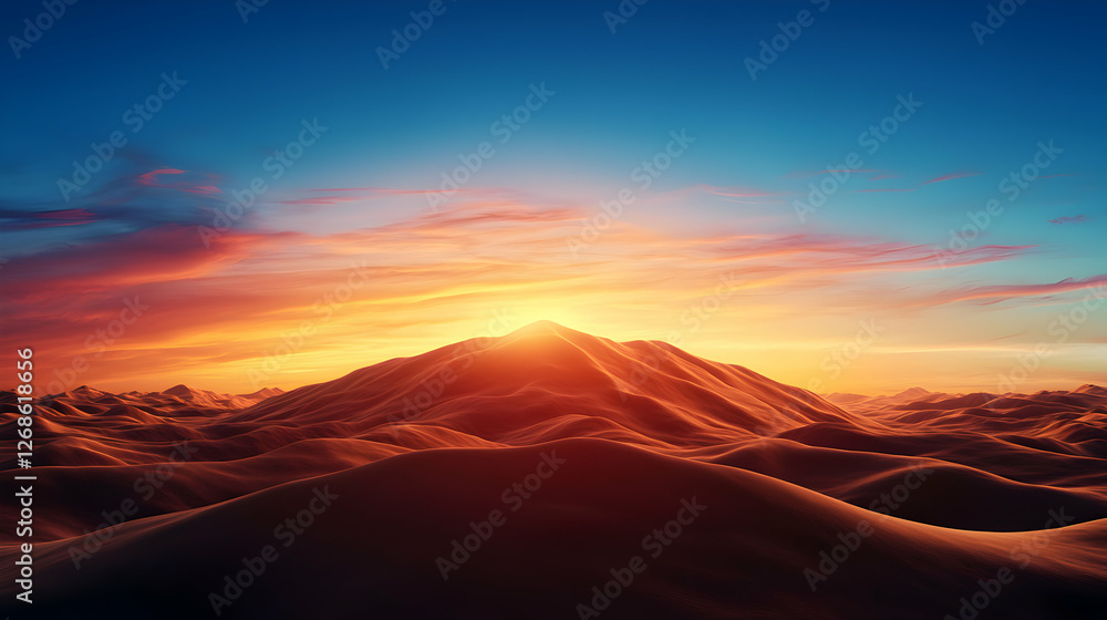 Naklejka premium Vibrant Sunset Over Desert Sand Dunes and Mountains