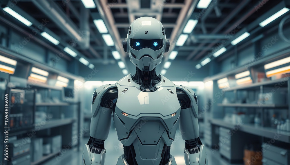 Fototapeta premium A Futuristic Robot Standing in a High-Tech Laboratory