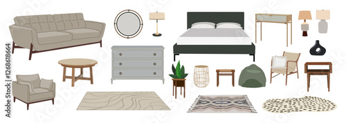 Set of home furniture, interior decor, house plant for living room, bedroom. Armchair, sofa, table, mirror, carpet, lamps, bed, chest of drawers. Vector illustrations isolated, transparent background.