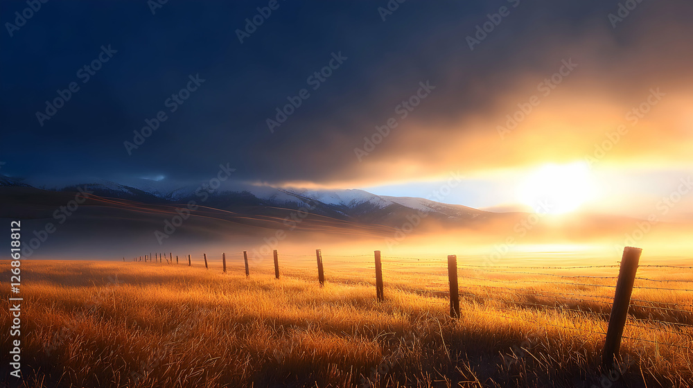 Vibrant Sunset Over Golden Field with Mountain Range Vibrant Sunset Over Golden Field with Mountain Range