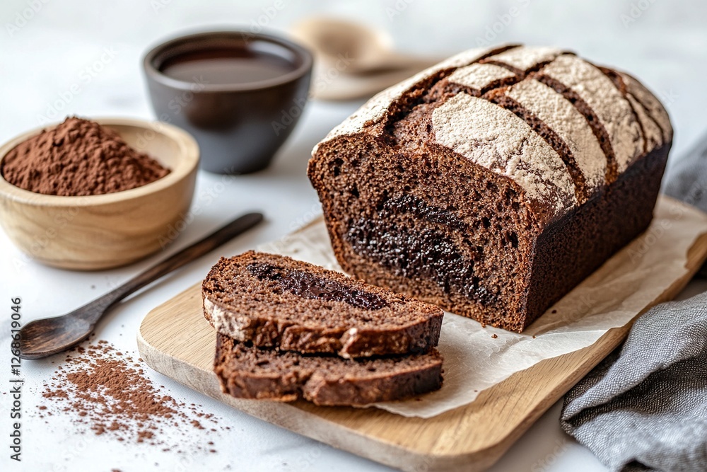 white background, no shadow , photo of the whole loaf with chocolate filling cut into slices on wooden board on table in kitchen , blurred brown and beige striped bread with natural patterns