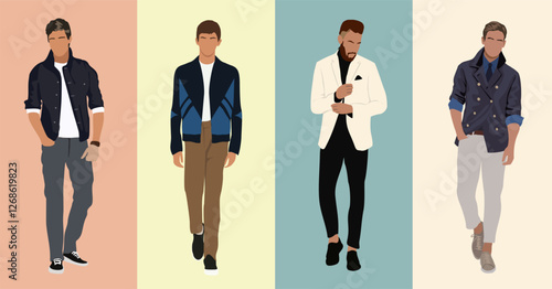 Set of fashion men in modern trendy outfits. Stylish guys wearing smart casual spring, summer clothes. Colored realistic vector illustrations isolated.
