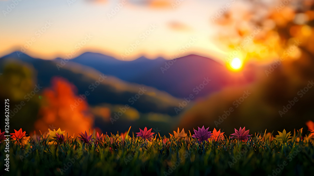 Obraz premium Vibrant Sunset over Mountain Range with Colorful Flowers