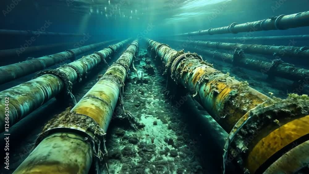 Underwater Pipeline: A network of aged underwater pipelines stretches into the distance, encrusted with marine growth, hinting at the passage of time and the hidden infrastructure beneath the waves. Underwater Pipeline: A network of aged underwater pipelines stretches into the distance, encrusted with marine growth, hinting at the passage of time and the hidden infrastructure beneath the waves.