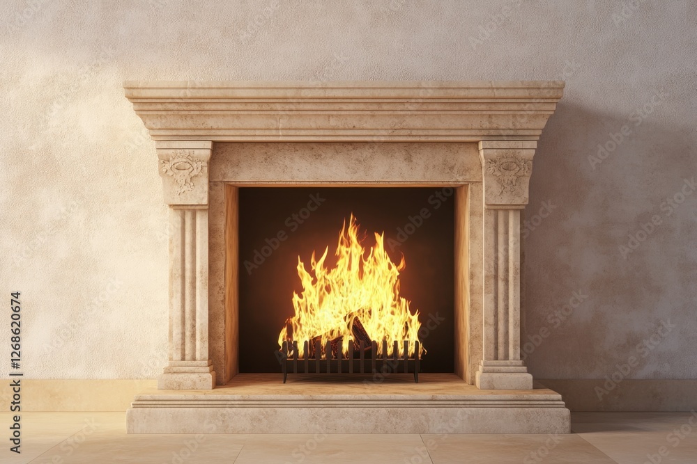 Fire burns brightly in a stone fireplace with columns Fire burns brightly in a stone fireplace with columns