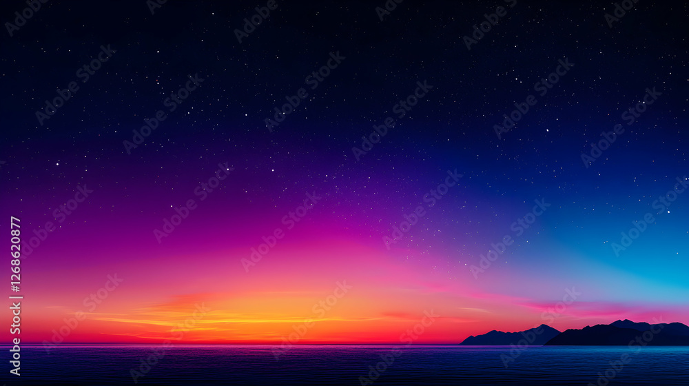Fototapeta premium Vibrant Sunset Over Ocean With Starry Night Sky