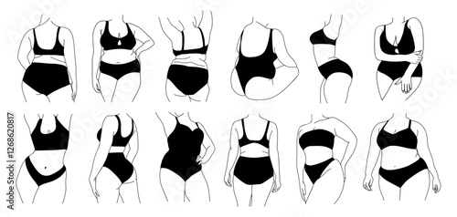 Line art vector illustration of curvy women in underwear. Plus size girls in bikini Body positive abstract minimalist drawing for wall art, poster, card, logo. Isolated on transparent background.