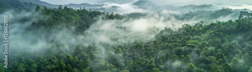 Rainforest aerial view top high drone shot flying mist fog stream jungle wild forest moisture wet green environment natural humidity scenery sunrise valley