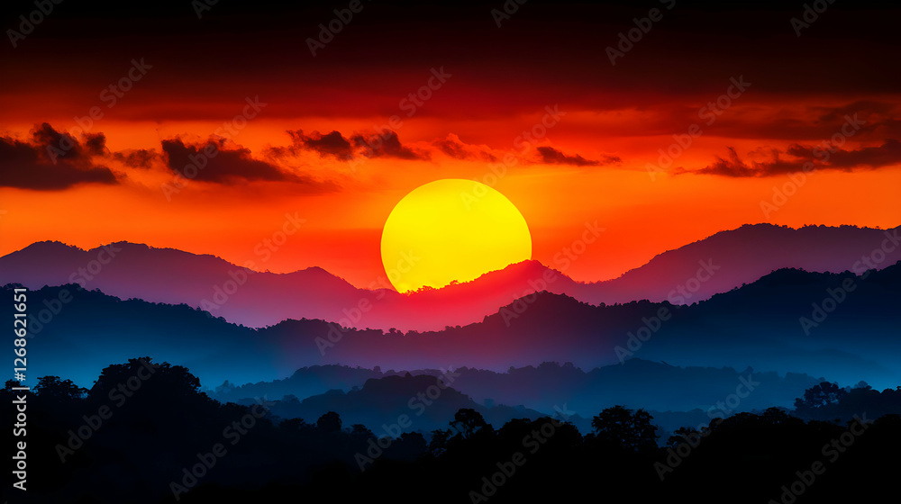 Fototapeta premium Vibrant Sunset Over Silhouetted Mountains