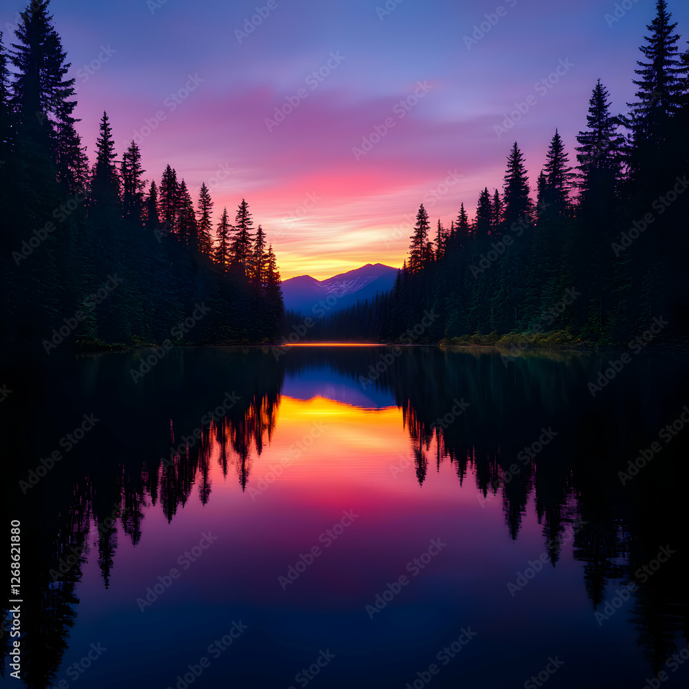 Fototapeta premium Vibrant Sunset Over Still Lake Reflected in Water