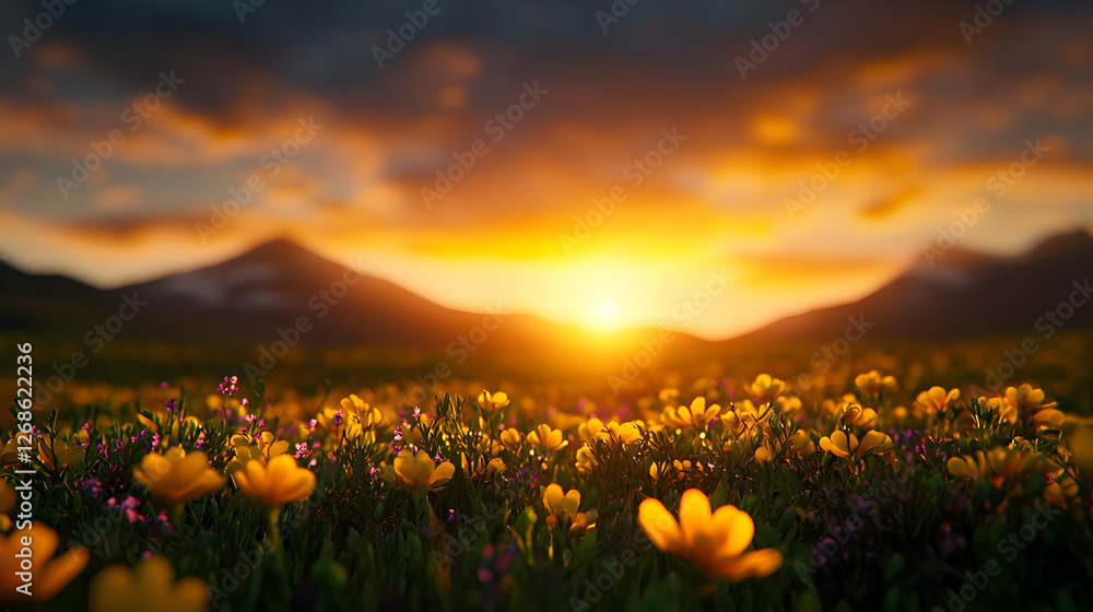 Fototapeta premium Vibrant Sunset Over Yellow Flower Field and Mountains
