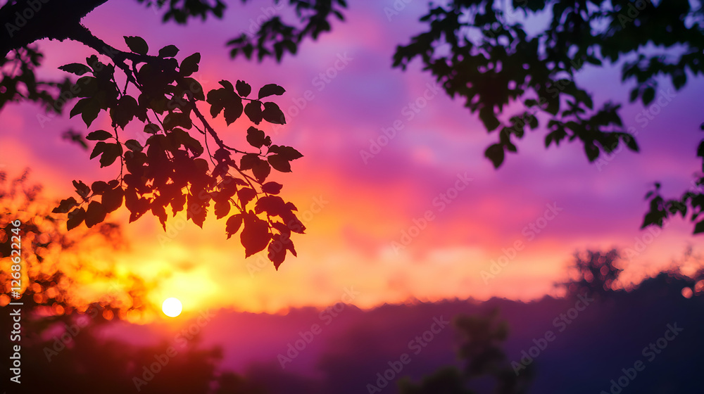 Fototapeta premium Vibrant Sunset Silhouette: Pink Purple Sky with Tree Branches