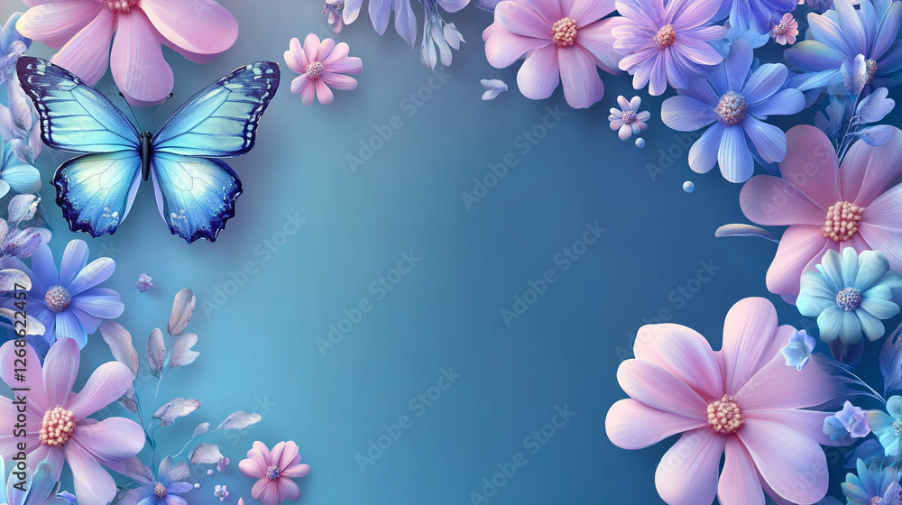 Fototapeta premium Delicate blue spring background with butterfly and flowers. Copy space. 
