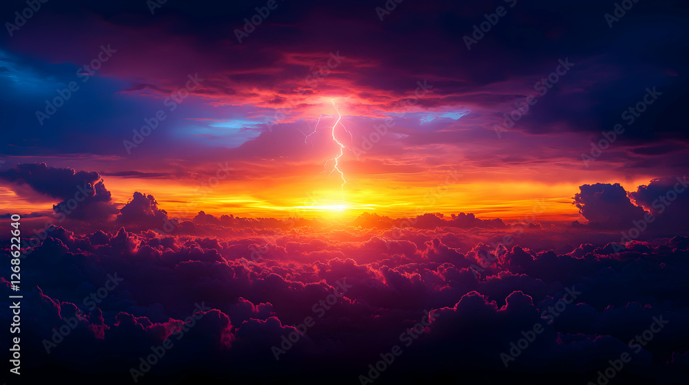 Fototapeta premium Vibrant Sunset with Lightning over Cityscape