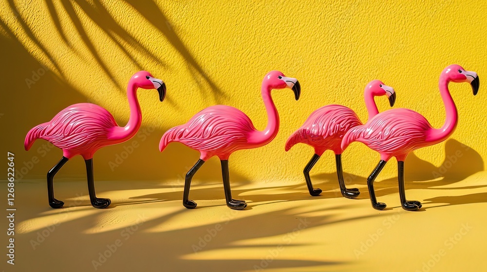 Naklejka premium Flamingo toys in motion, vibrant colors, simple yet creative design, evoking joy and playfulness.