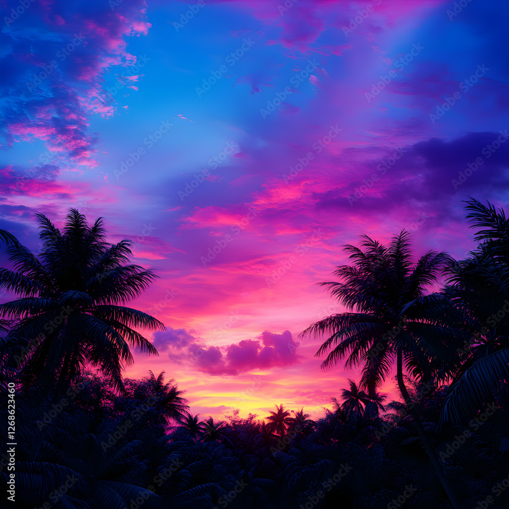 Fototapeta premium Vibrant Tropical Sunset with Silhouette Palm Trees