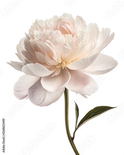 A close-up of delicate white peony with soft petals, isolated on a white background. perfect for floral designs, spring, and Mother's Day celebrations. Bright, fresh, and elegant.