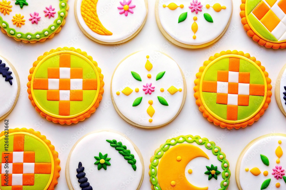 Festive decorated cookies, overhead, white background, celebration Festive decorated cookies, overhead, white background, celebration