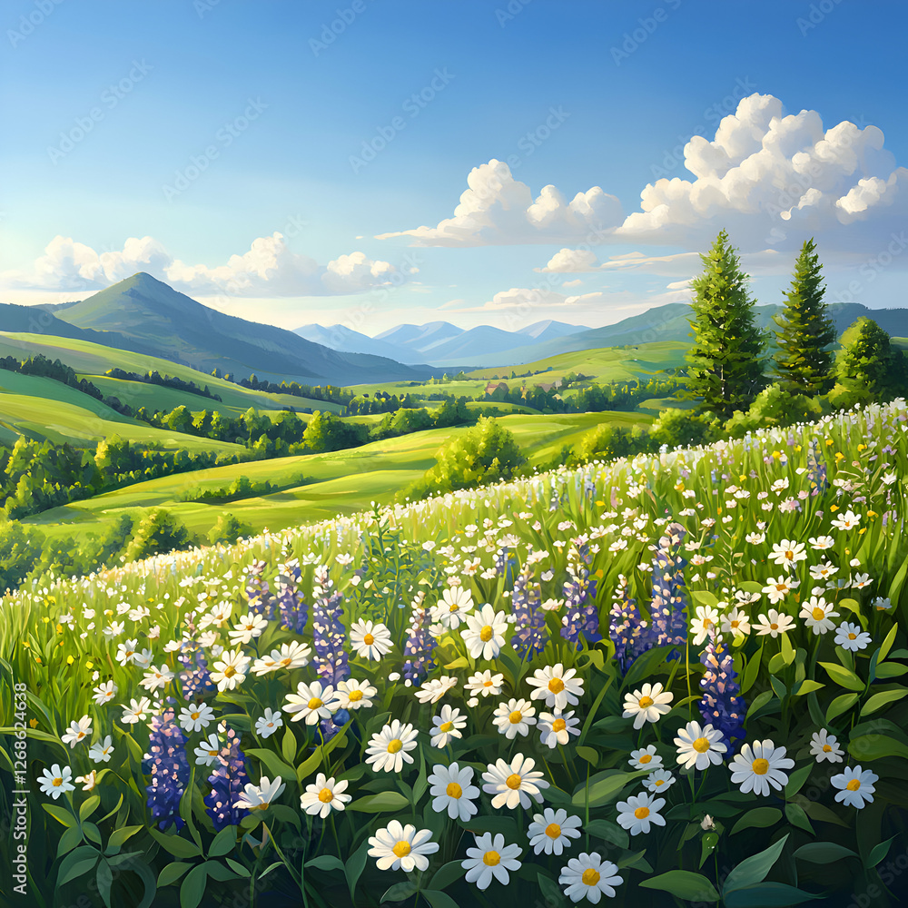 Obraz premium Vibrant Wildflower Meadow with Mountain Landscape
