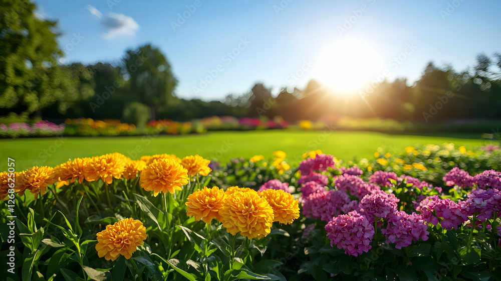 Fototapeta premium Vibrant Yellow and Pink Flowers in a Sunny Garden
