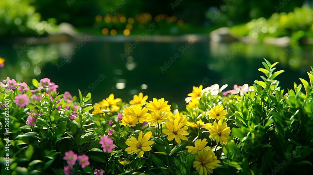 Obraz premium Vibrant Yellow and Pink Flowers by a Serene Pond
