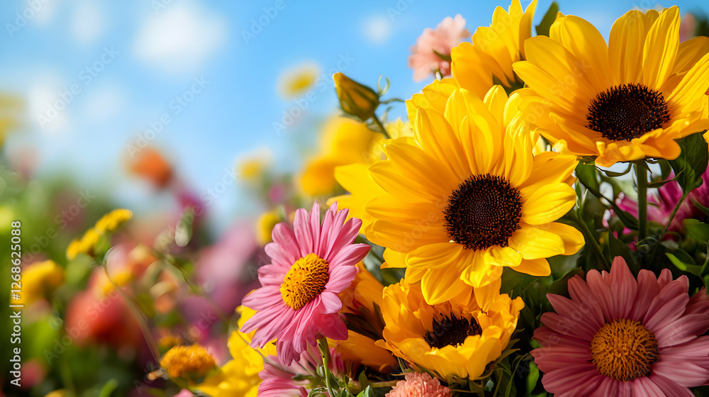 Obraz premium Vibrant Yellow and Pink Flowers in Sunny Meadow