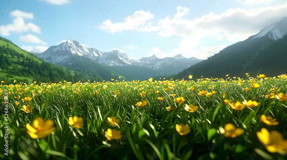 Fototapeta premium Vibrant Yellow Flowers in Alpine Meadow with Snow-Capped Mountains