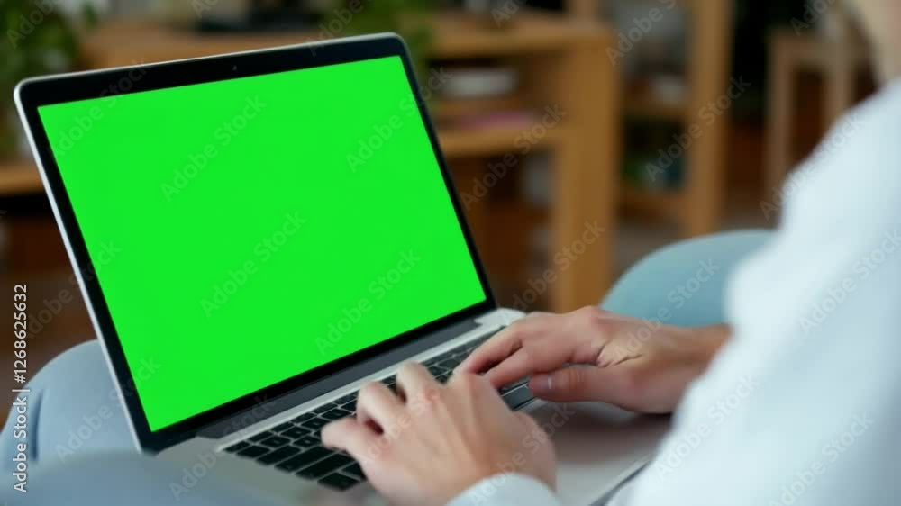 Close-up of a person's hands typing on a laptop computer with a solid green screen. Close-up of a person's hands typing on a laptop computer with a solid green screen.