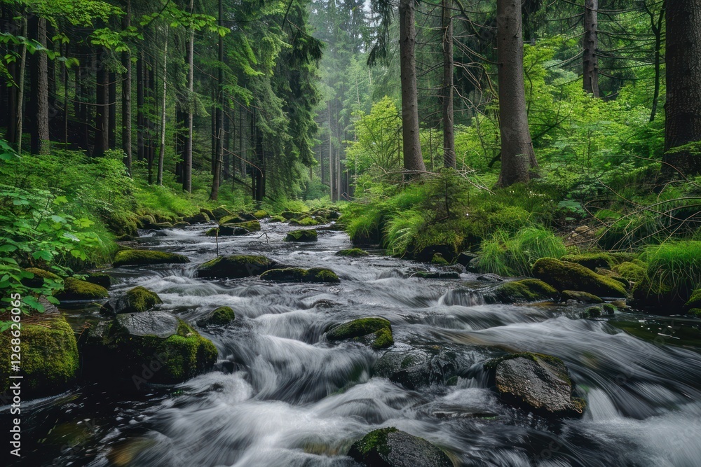 River forest water flowing stream and tall tree wild jungle and rock stone wet woodland River forest water flowing stream and tall tree wild jungle and rock stone wet woodland