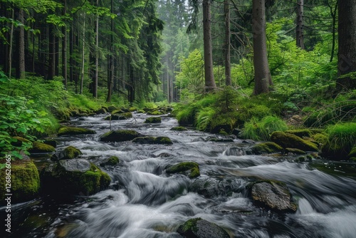 River forest water flowing stream and tall tree wild jungle and rock stone wet woodland
