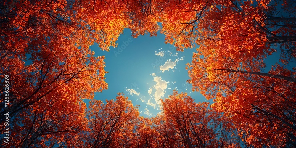 Fototapeta premium Vibrant autumn foliage framing a bright blue sky, creating a serene and captivating natural scene perfect for seasonal marketing and nature-themed projects.