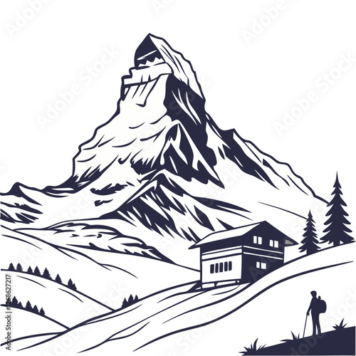 Minimalist Vector Illustration of the Matterhorn in Switzerland, Isolated. Perfect for: Christmas, Winter holidays, Switzerland tourism