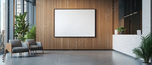 corporate branding identity logo display white blank frame mockup with modern business offices reception background as banner with copy space area mock up