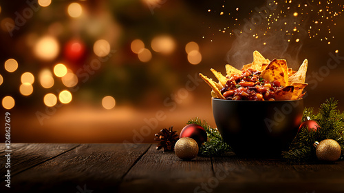 Warm Nachos in Black Bowl Festive Christmas Setting