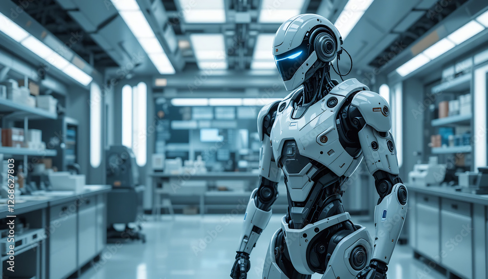 A Futuristic Robot Standing in a High-Tech Laboratory A Futuristic Robot Standing in a High-Tech Laboratory
