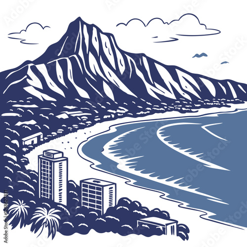 Vector Illustration of Diamond Head in Hawaii, Isolated. Perfect for: Summer vacations, Hawaii tourism