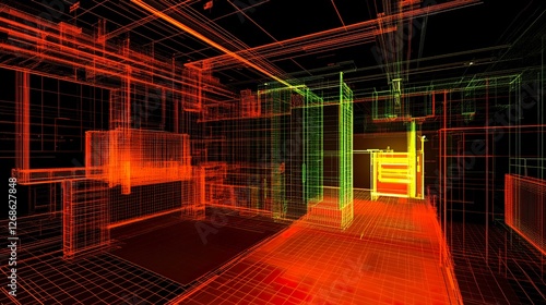 Fototapeta Naklejka Na Ścianę i Meble -  Single-photon laser scanning a distant object with 3D grid overlay, showcasing advanced LiDAR precision.